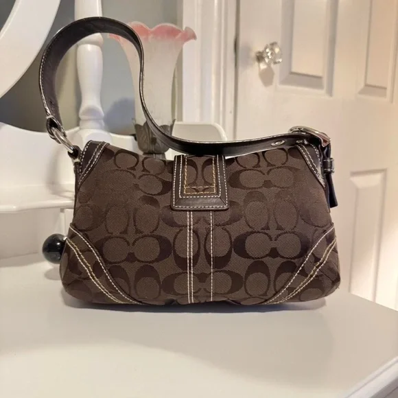 Coach Dark Brown Signature Canvas Shoulder Bag with Silver Hardware - Picture 2 of 8